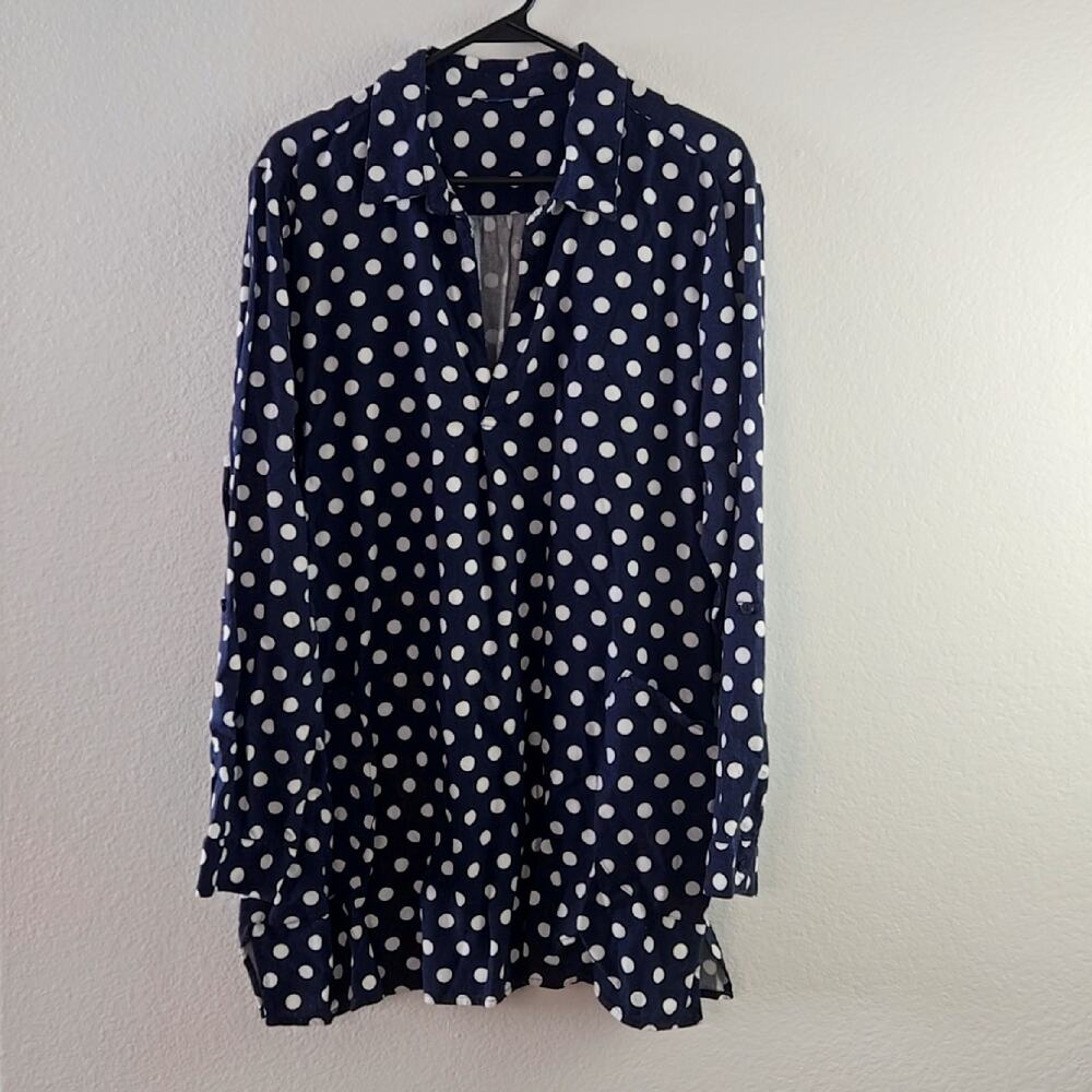 Women’s Navy Polka Dot Linen Blend Style Tunic Top Approx XL Pockets